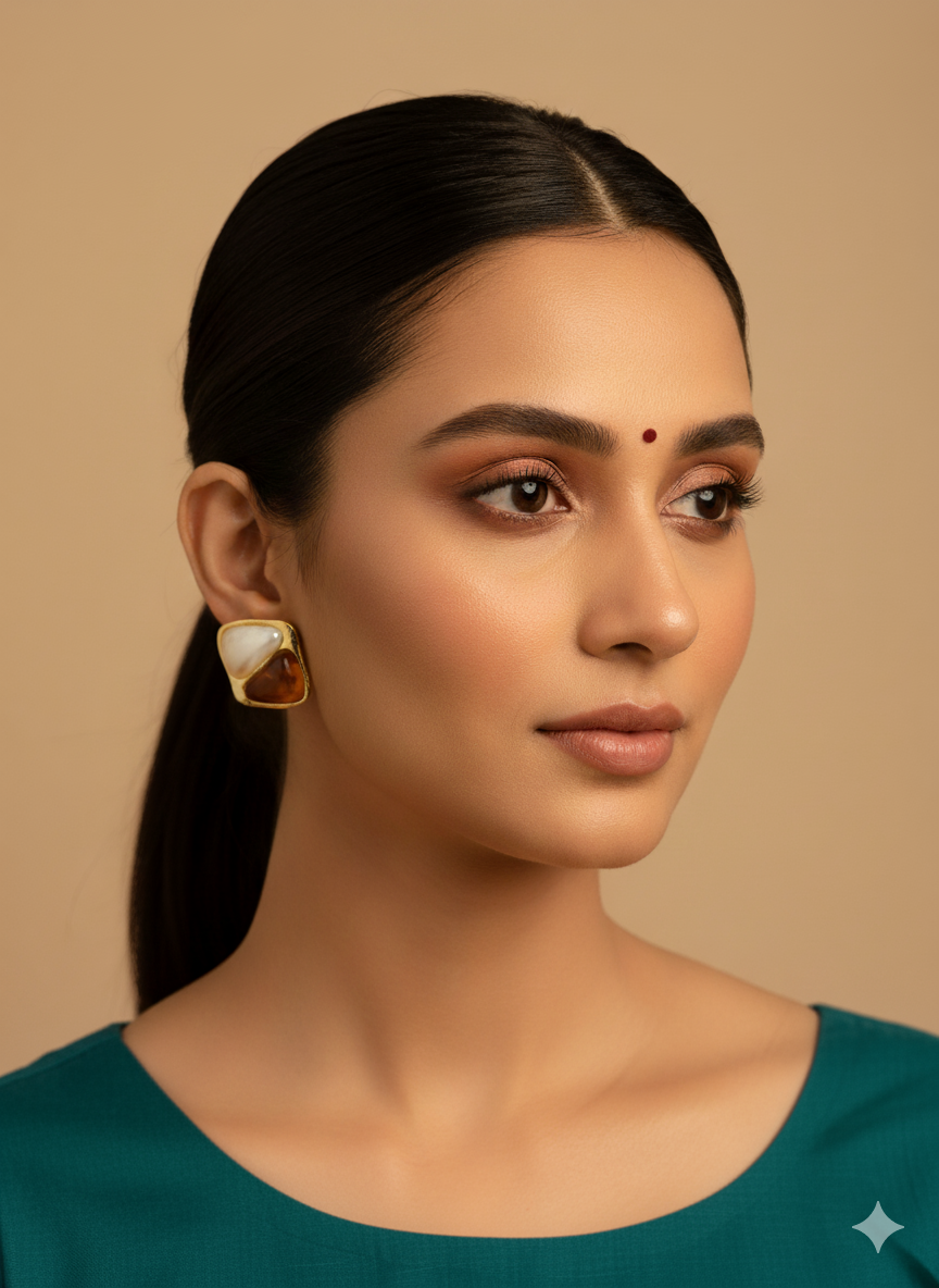 Amber & Cream Two-Tone Square Stud Earrings - Gold Frame Statement Jewelry