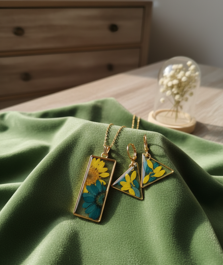 Handcrafted Floral Resin Jewelry Set - Pendant & Earrings with Real Pressed Flowers