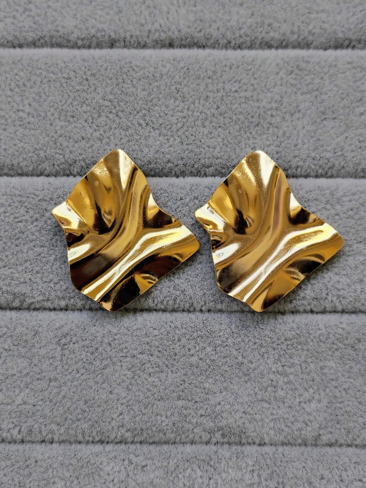 Crushed Geometric Gold Earrings - Textured Stainless Steel Design