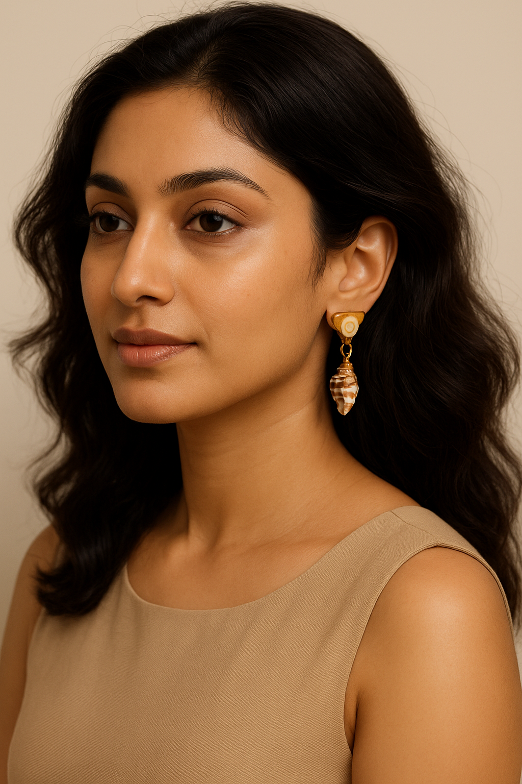 Elegant Indian Model Wearing Coastal Seashell Earrings