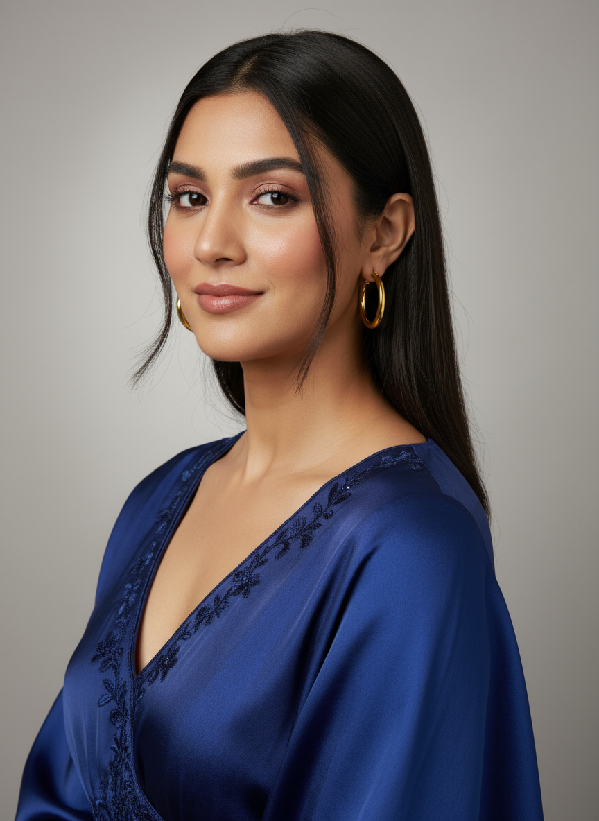 Elegant Indian model wearing gold hoop earrings