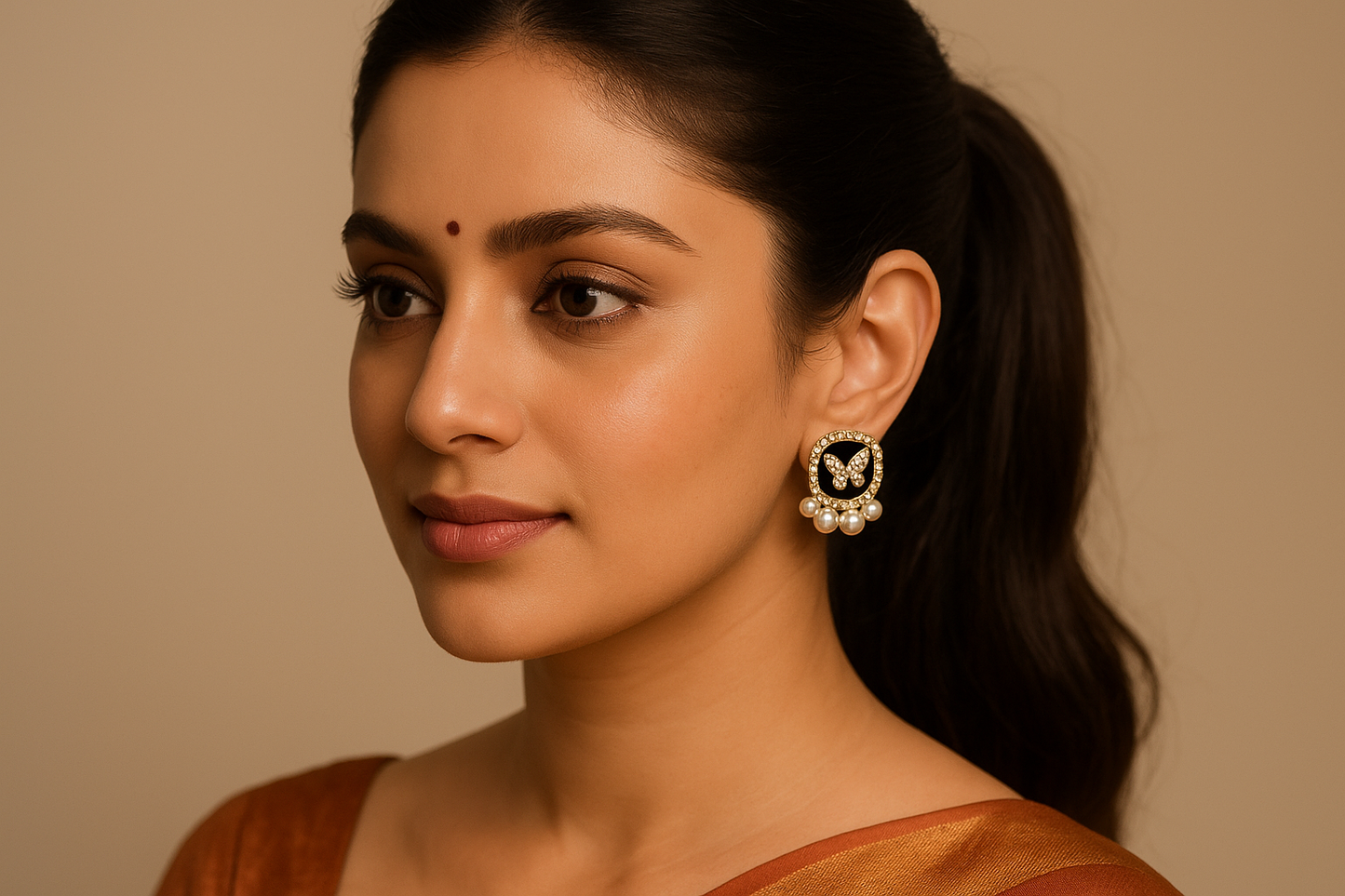 Elegant South Indian female model wearing 2cm black and gold butterfly earrings with correct proportions