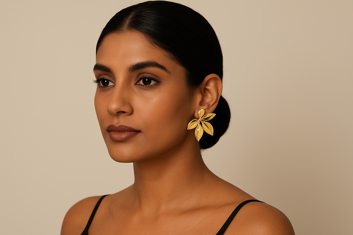 Professional jewelry catalog portrait with model wearing exact golden flower earrings from reference
