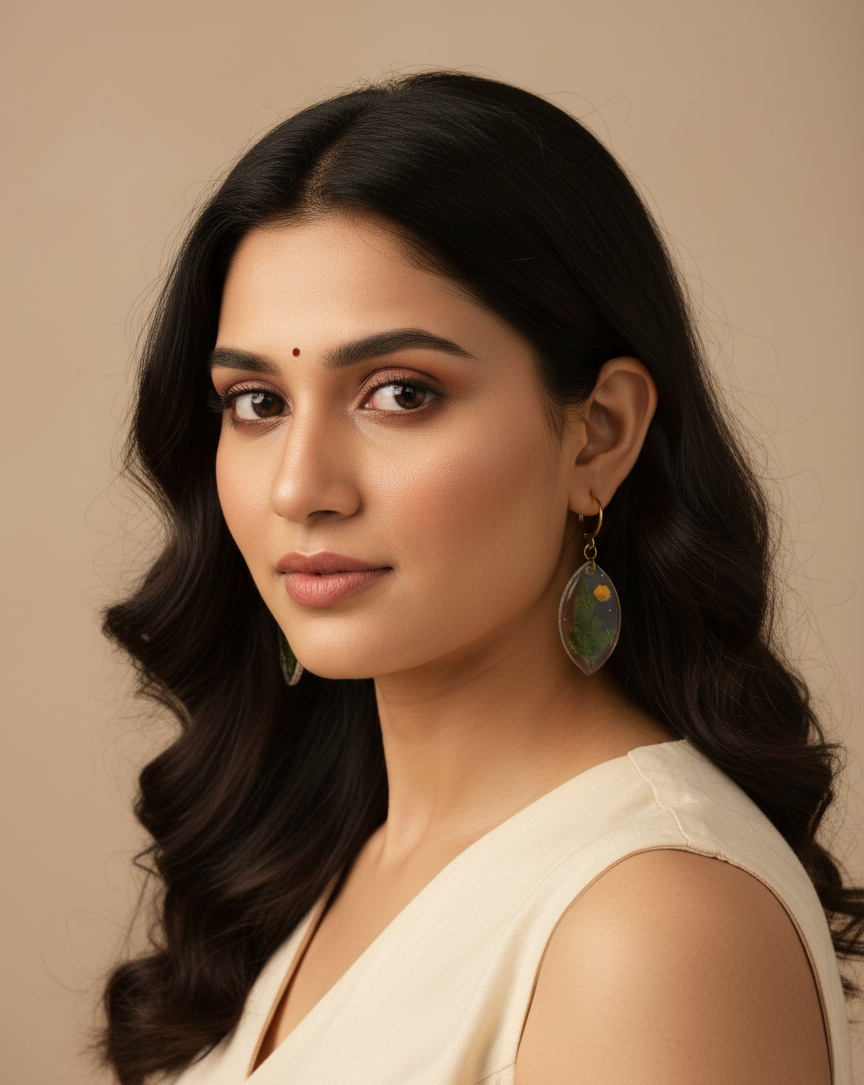 Botanical Fern & Yellow Flower Resin Earrings - Handmade Nature Jewelry