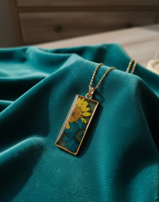 Handcrafted Floral Resin Pendant - Real Pressed Flowers Gold Bezel