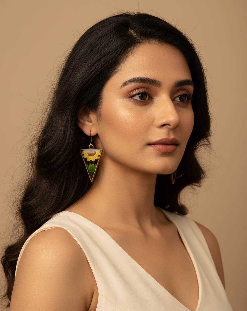 Triangular Botanical Resin Earrings - Handmade Yellow Flower & Green Leaf Jewelry