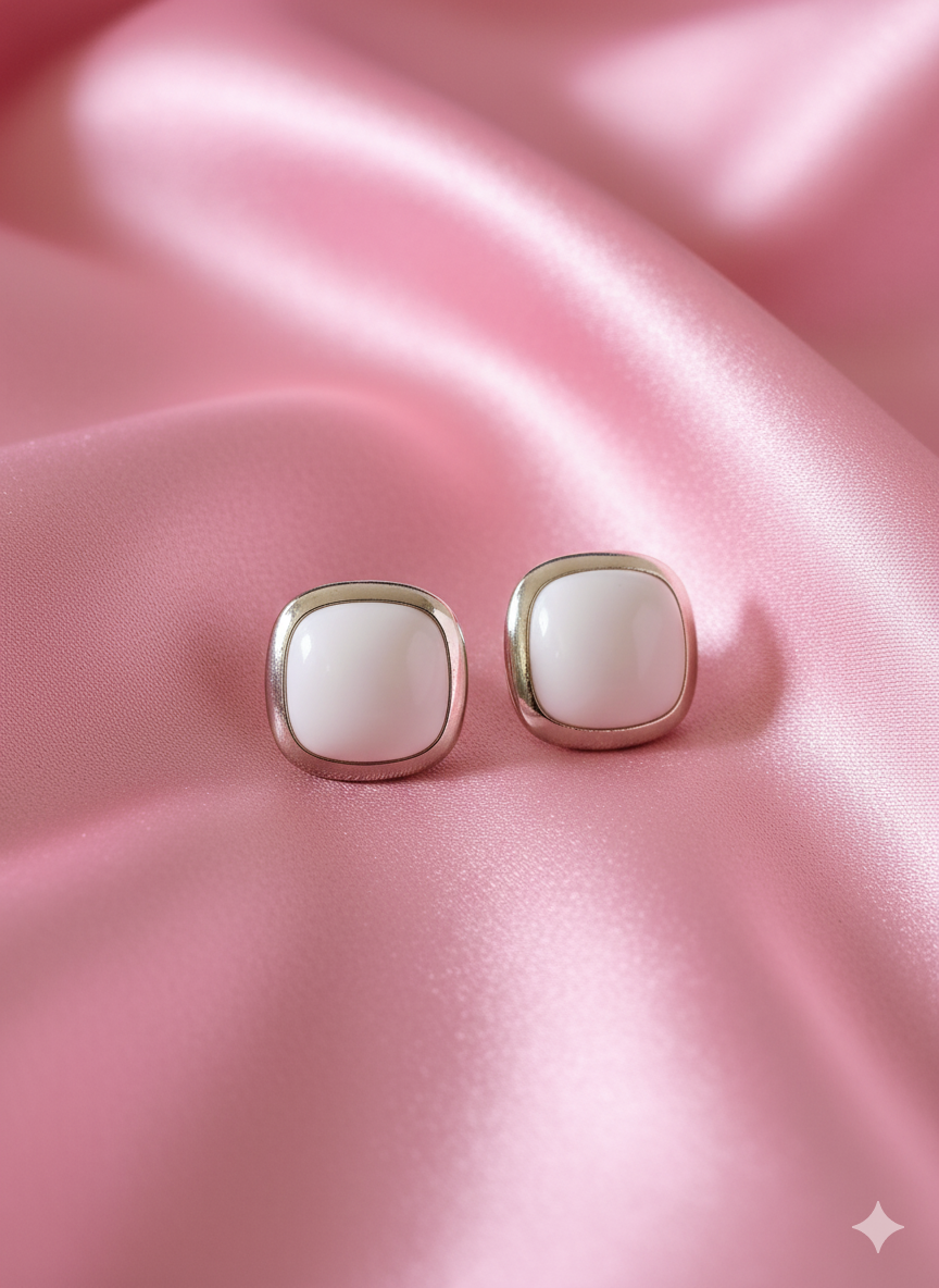 White Square Stud Earrings - Gold Rimmed Classic Statement Jewelry