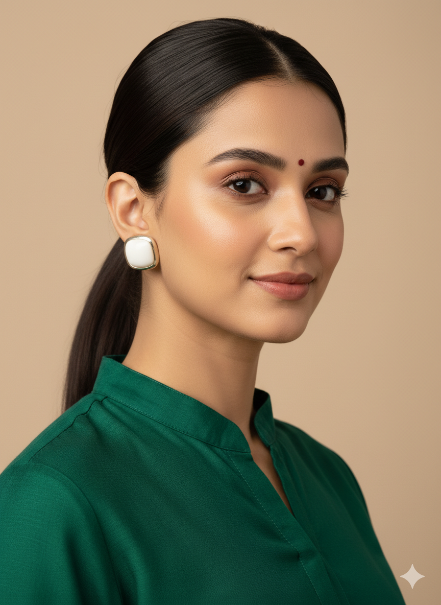 White Square Stud Earrings - Gold Rimmed Classic Statement Jewelry