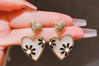 Gold-Plated Heart & Daisy Drop Earrings