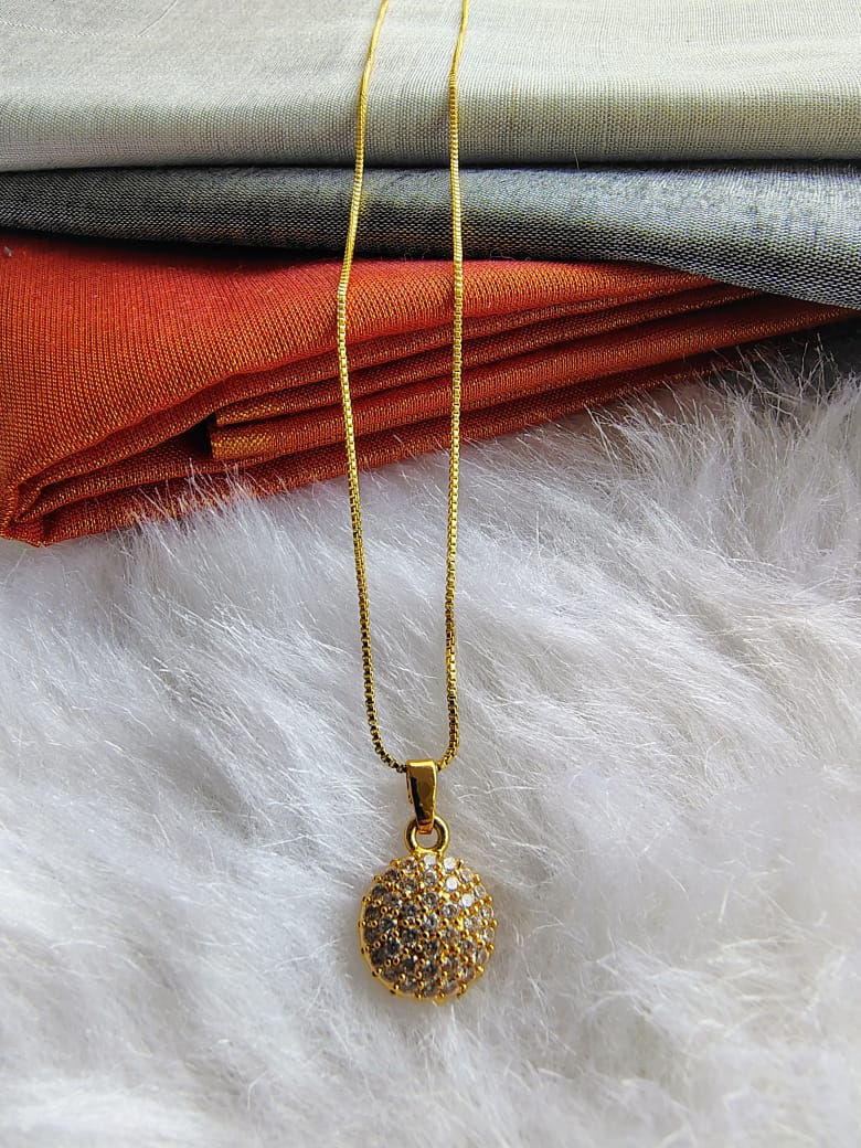 Gold Chain Necklace with White Stone Round Pendant
