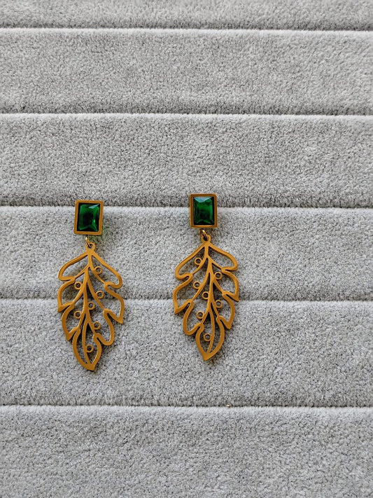 Emerald Green Leaf Earrings - Gold Tone Statement Jewelry