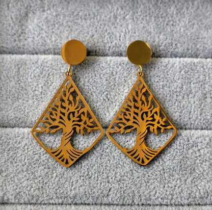 Gold Tree of Life Earrings - Stainless Steel Statement Jewelry