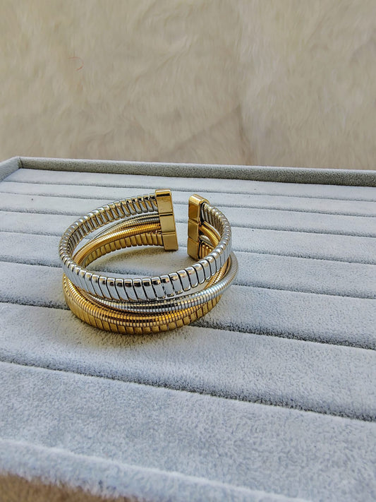Two-Tone Stacked Cuff Bracelet - Gold & Silver Stainless Steel