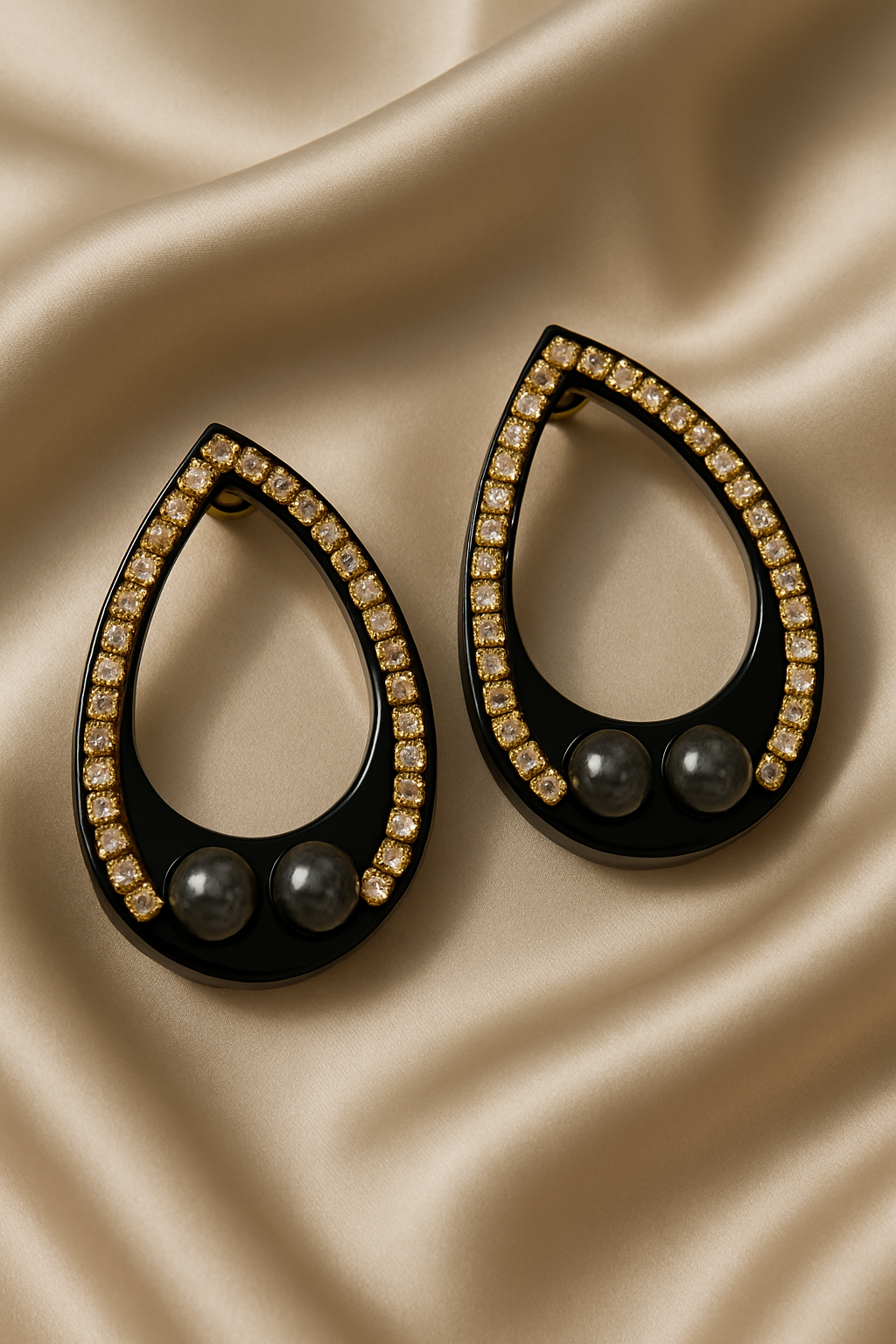 Black and Gold Crystal Earrings with Center Beads on Light Satin