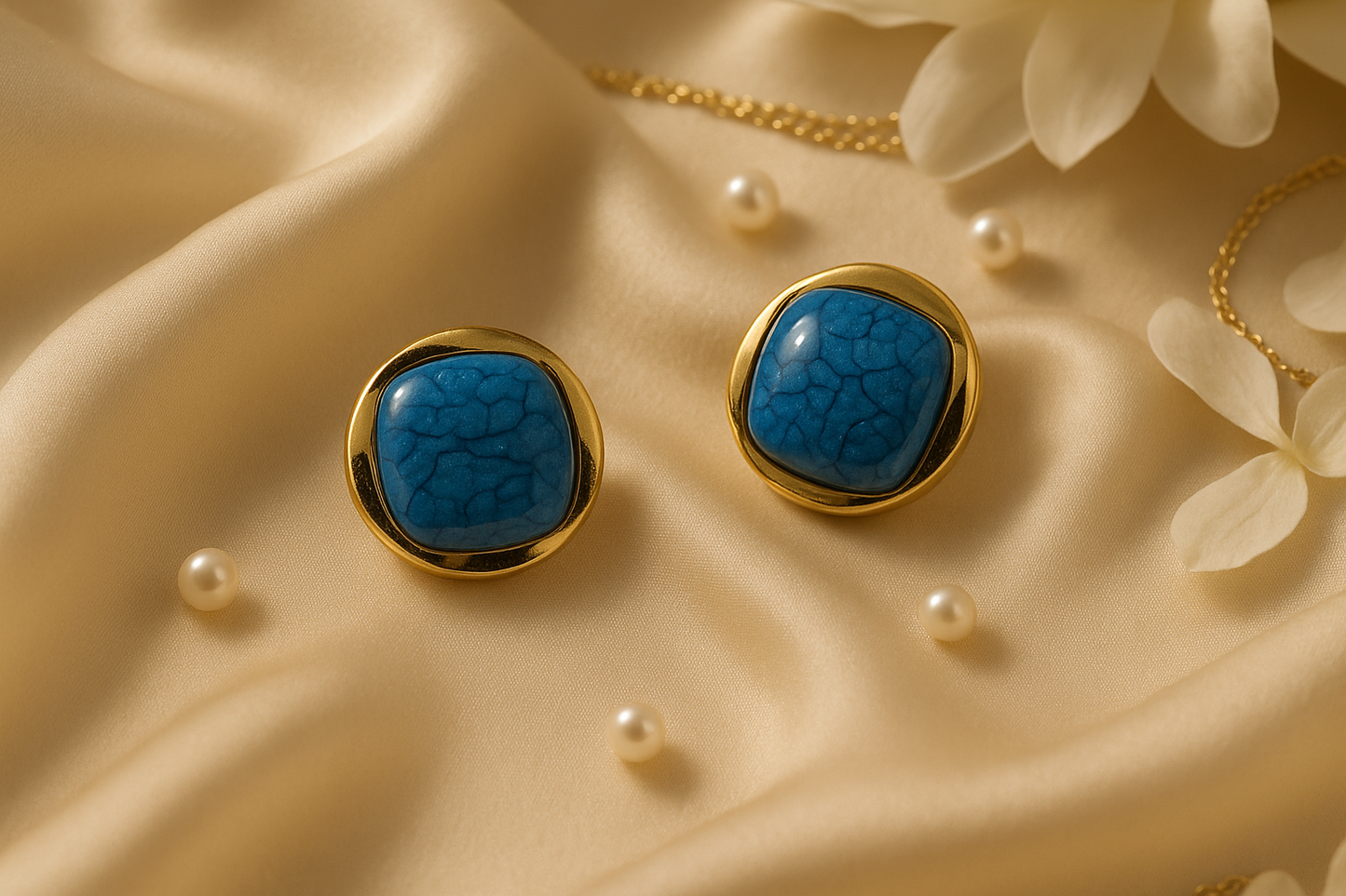 Blue stone earrings on light satin cloth with light background
