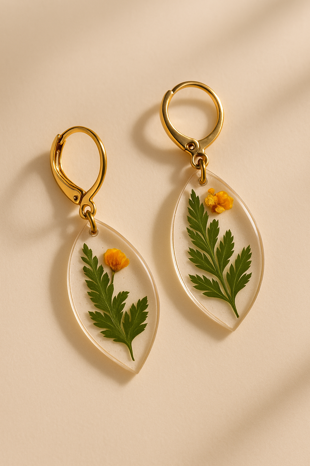 Botanical Fern and Yellow Flower Resin Earrings