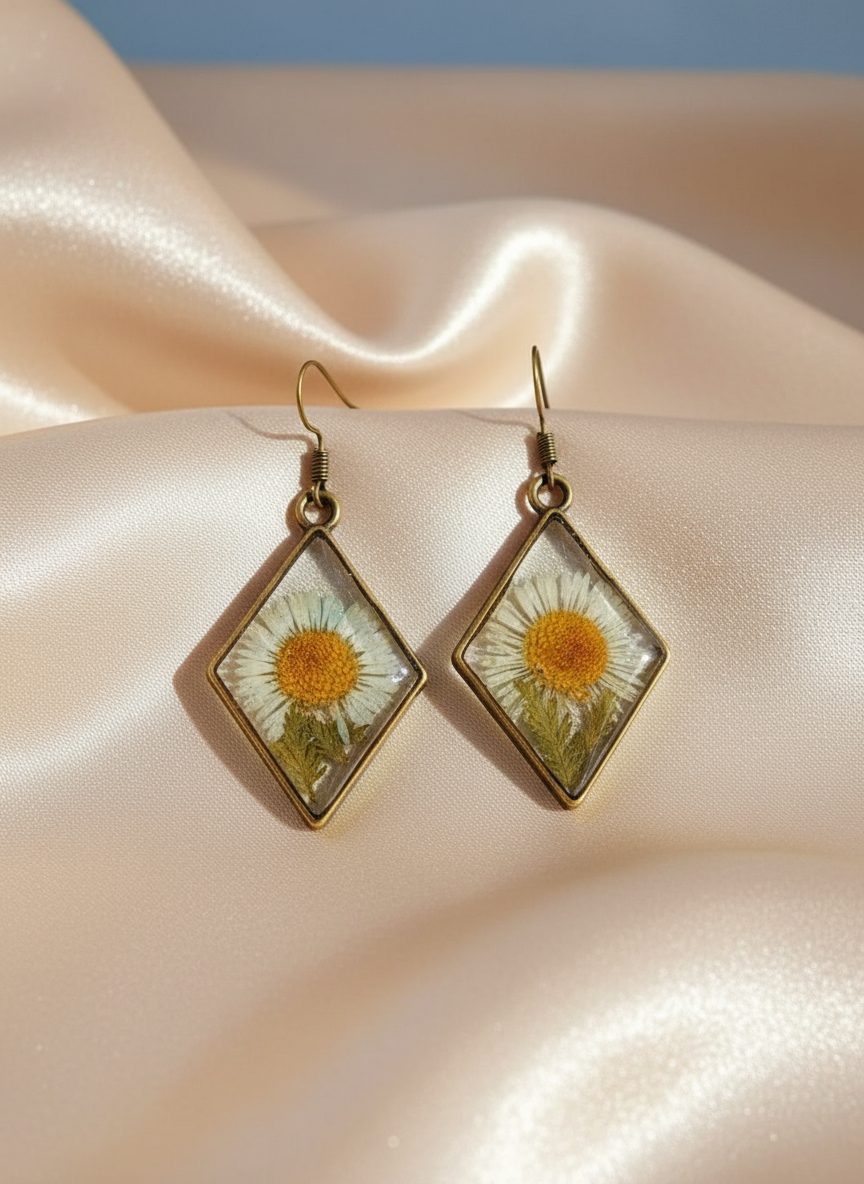 Diamond-shaped daisy earrings on satin cloth