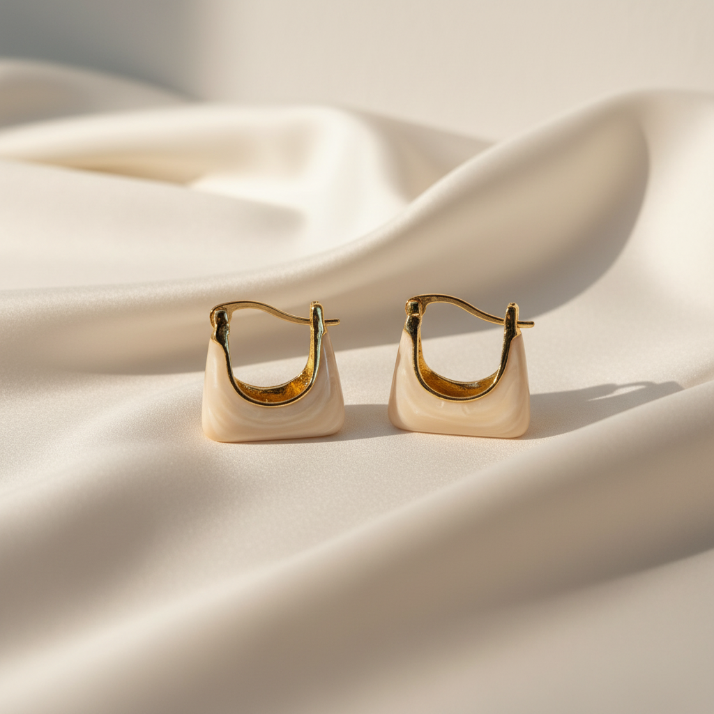 Elegant beige triangular hoop earrings displayed on light satin cloth