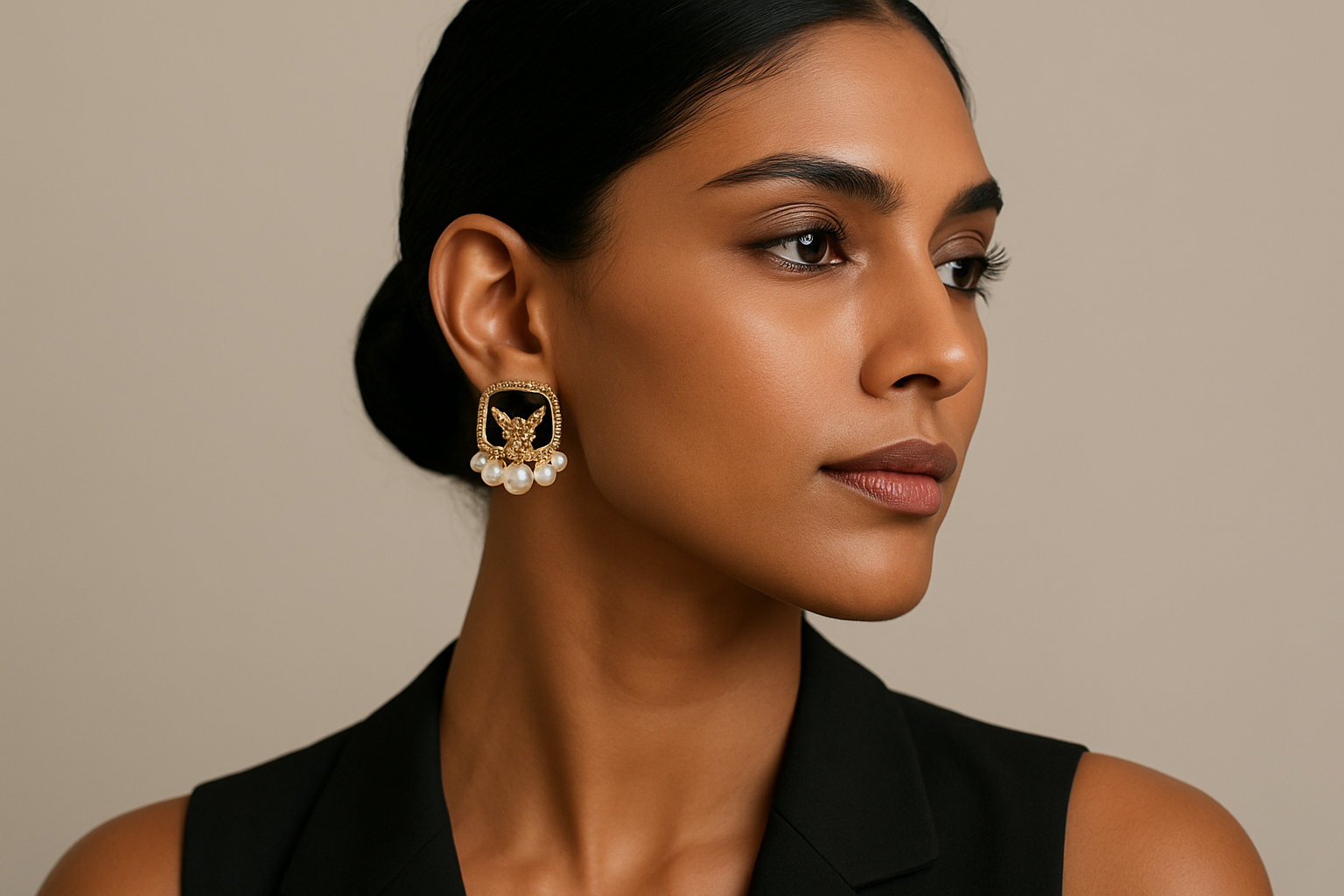 Elegant Indian female model with dusky skin and sleek tied-back hair wearing black and gold butterfly earrings in high-fashion editorial style