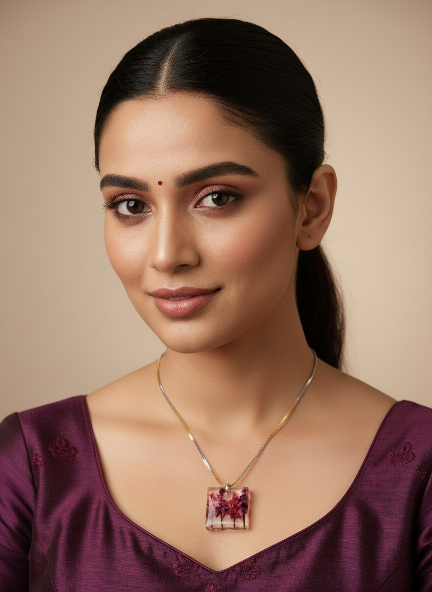 Elegant Indian model wearing abstract resin necklace
