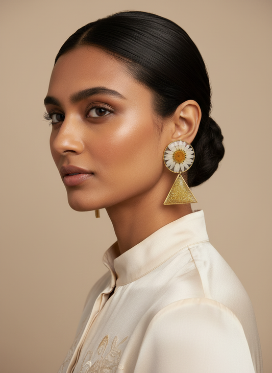 Elegant Indian model wearing asymmetric daisy earrings