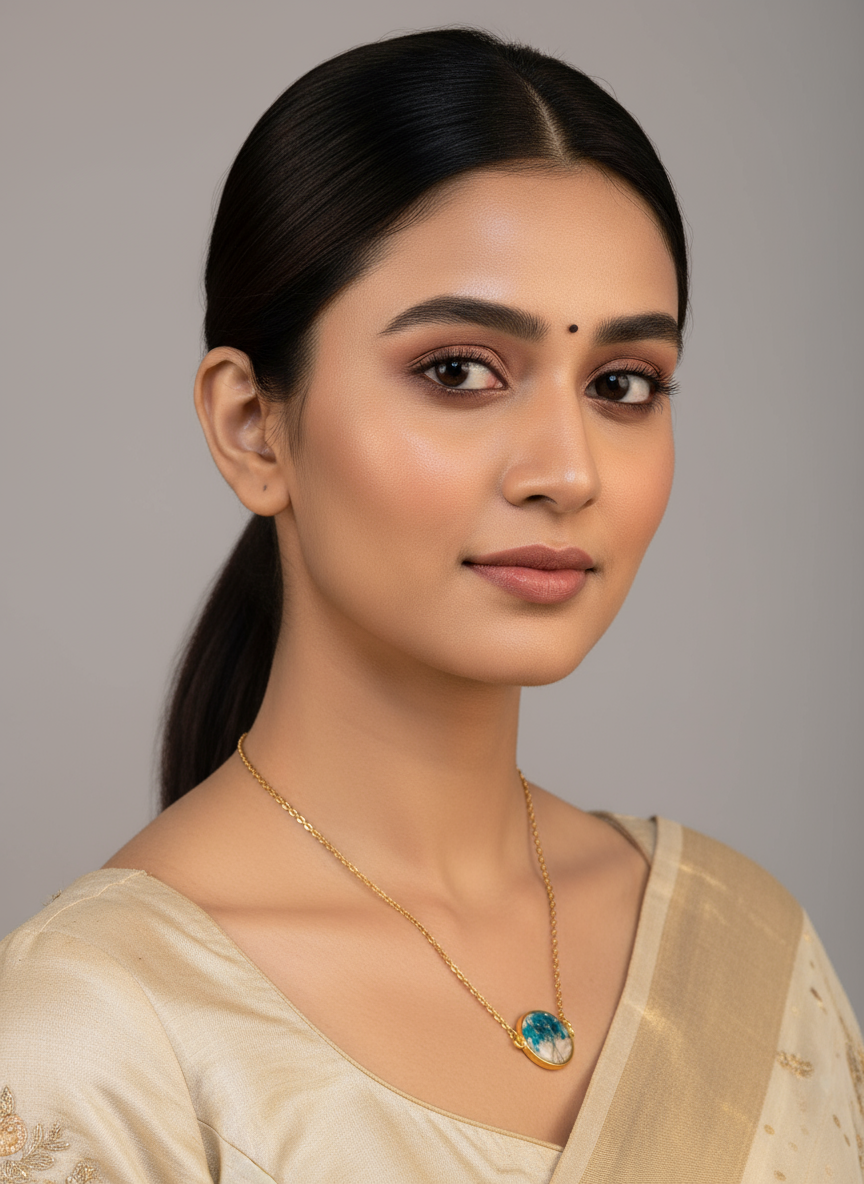 Elegant Indian model wearing blue floral resin necklace