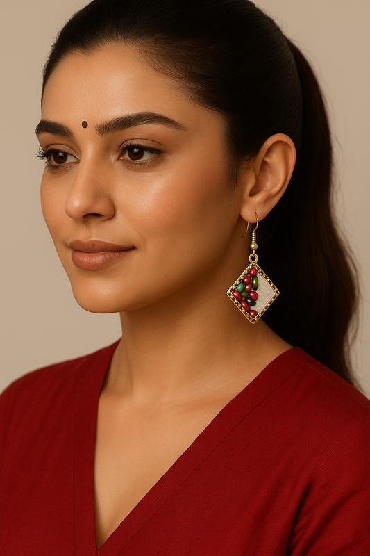 Elegant Indian Model Wearing Colorful Resin Diamond Earrings