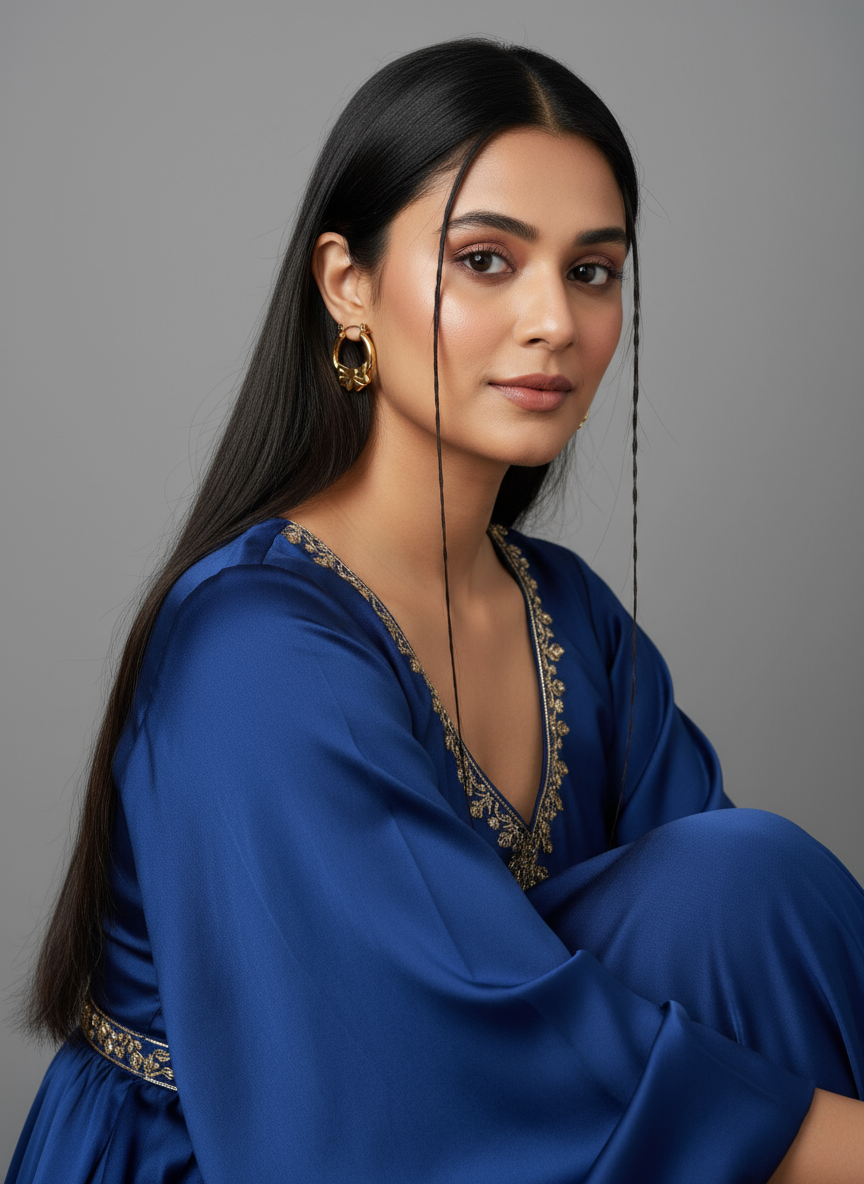 Elegant Indian model wearing gold bow hoop earrings