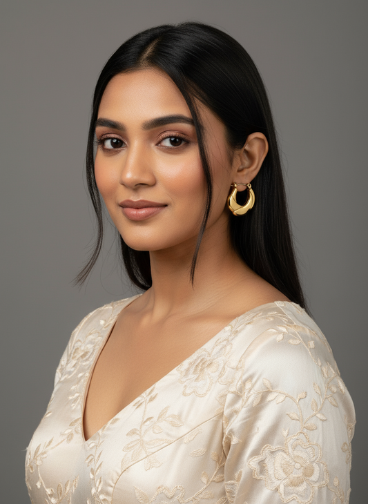 Elegant Indian model wearing gold braided hoop earrings