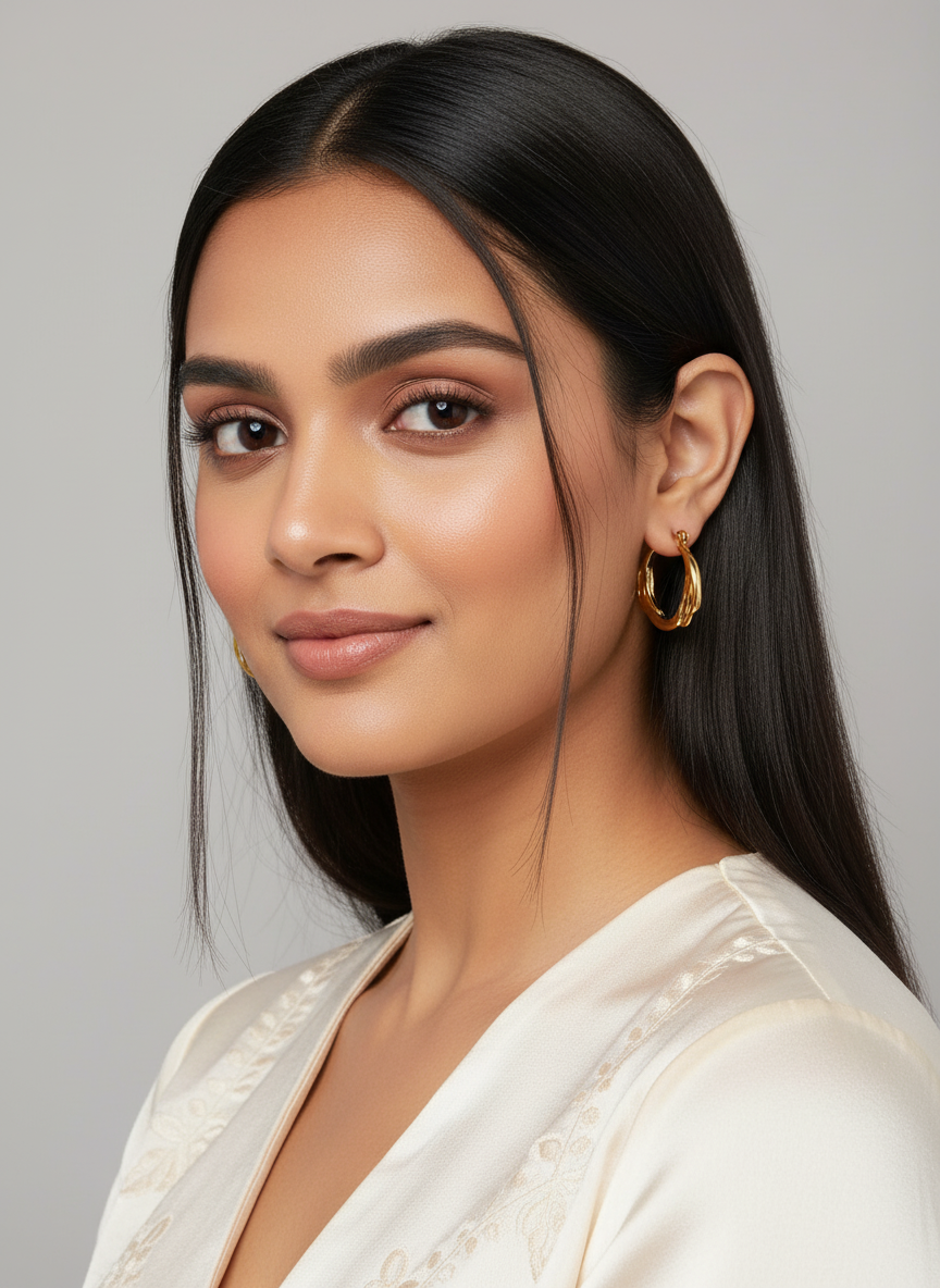 Elegant Indian model wearing gold twisted braided hoop earrings