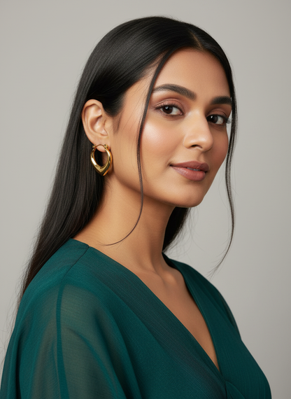 Elegant Indian model wearing gold V-shaped hoop earrings