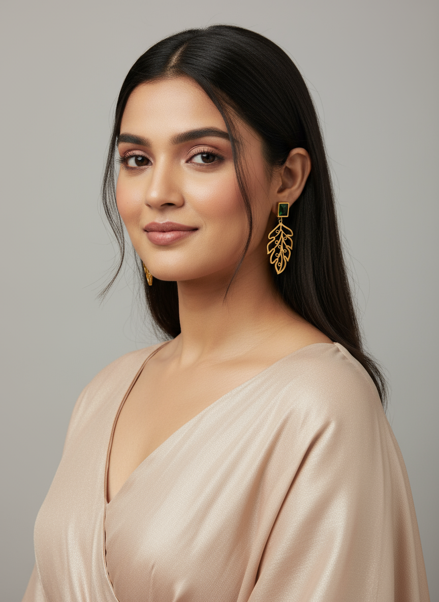 Elegant Indian model wearing leaf earrings