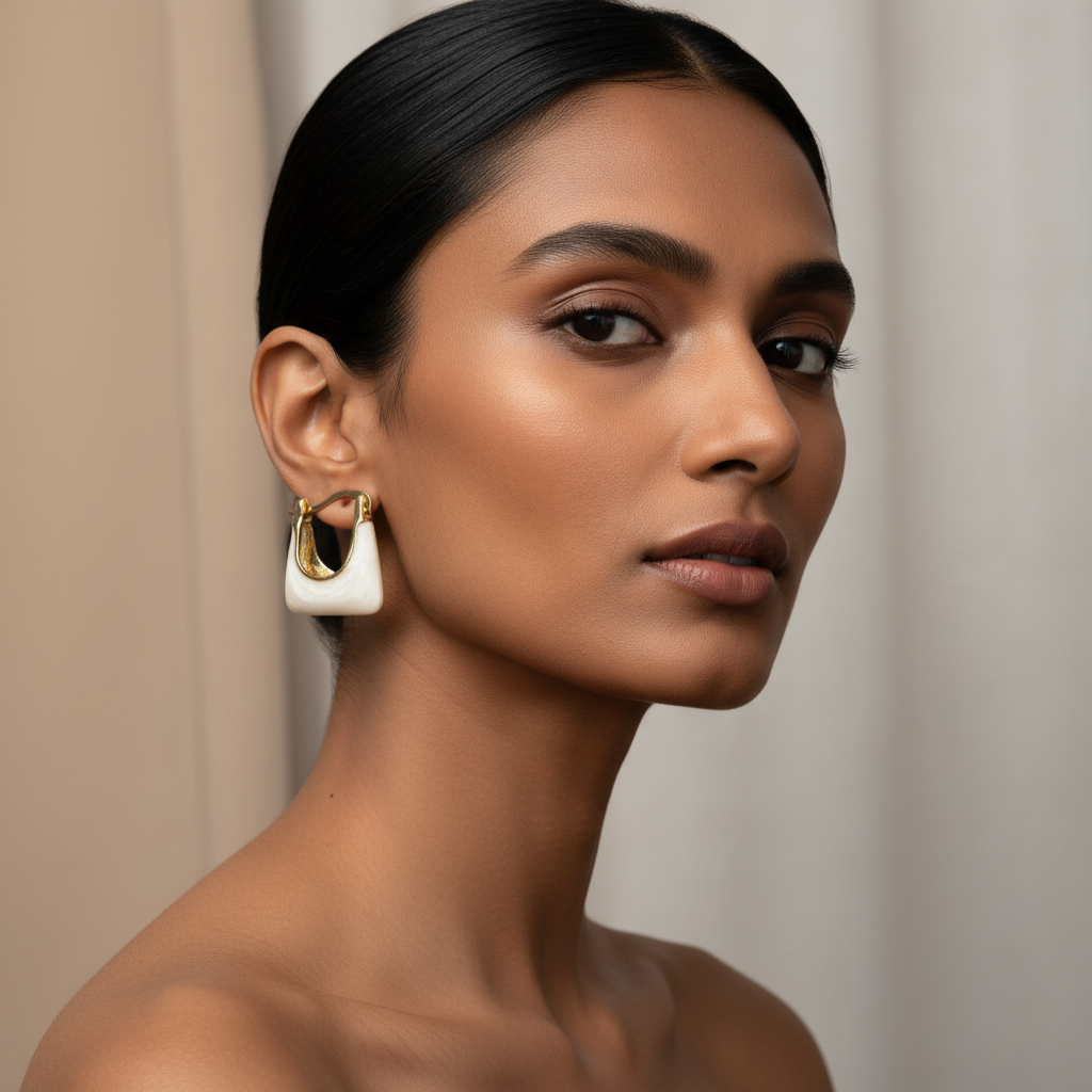 Elegant Indian model wearing mint green and gold hoop earrings in professional jewelry photography