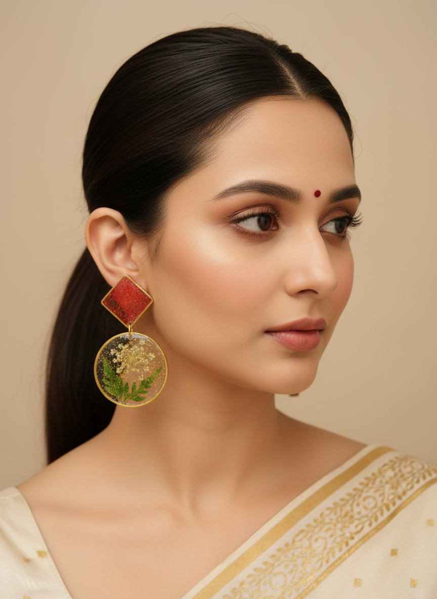 Elegant Indian model wearing resin flower earrings