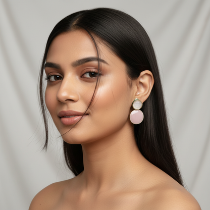 Elegant Indian model with delicate 2cm rose quartz and gold circle drop earrings