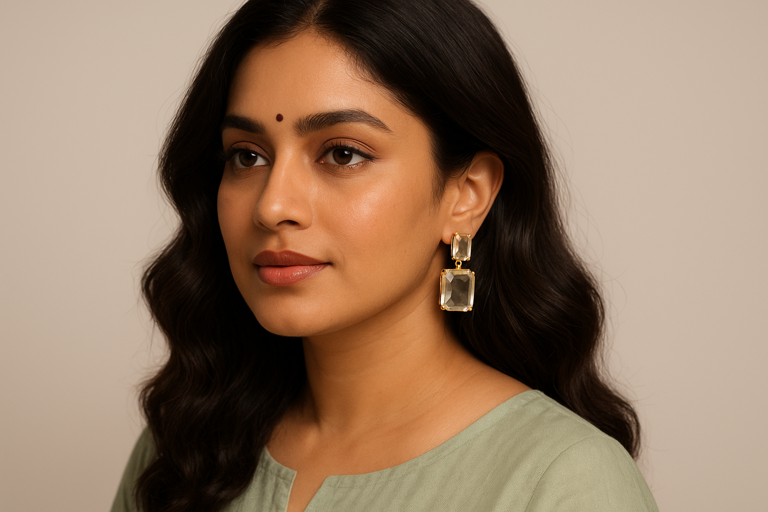 Elegant South Indian female model with fair skin, mid-length wavy hair, bindi, and pastel green kurthi wearing crystal drop earrings