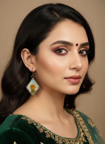 Elegant South Indian model wearing diamond-shaped daisy earrings