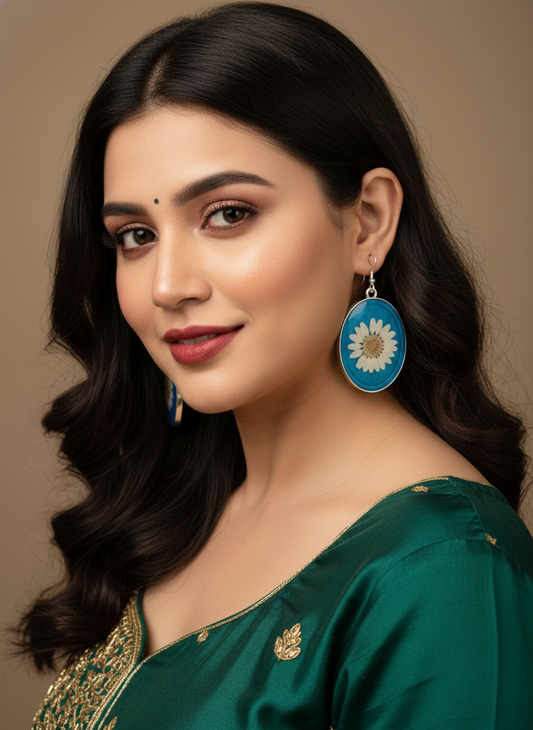 Elegant South Indian model wearing oval turquoise daisy earrings