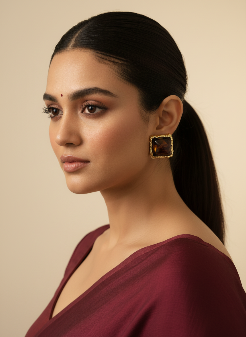 Elegant South Indian model with high ponytail wearing amber square stud earrings