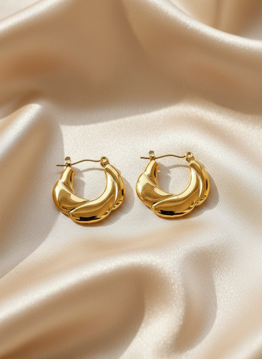 Gold Chunky Hoop Earrings on Beige Satin
