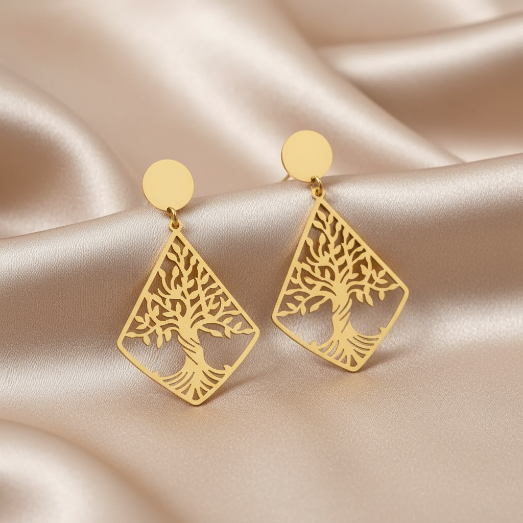 Gold Tree of Life earrings on light coffee satin cloth