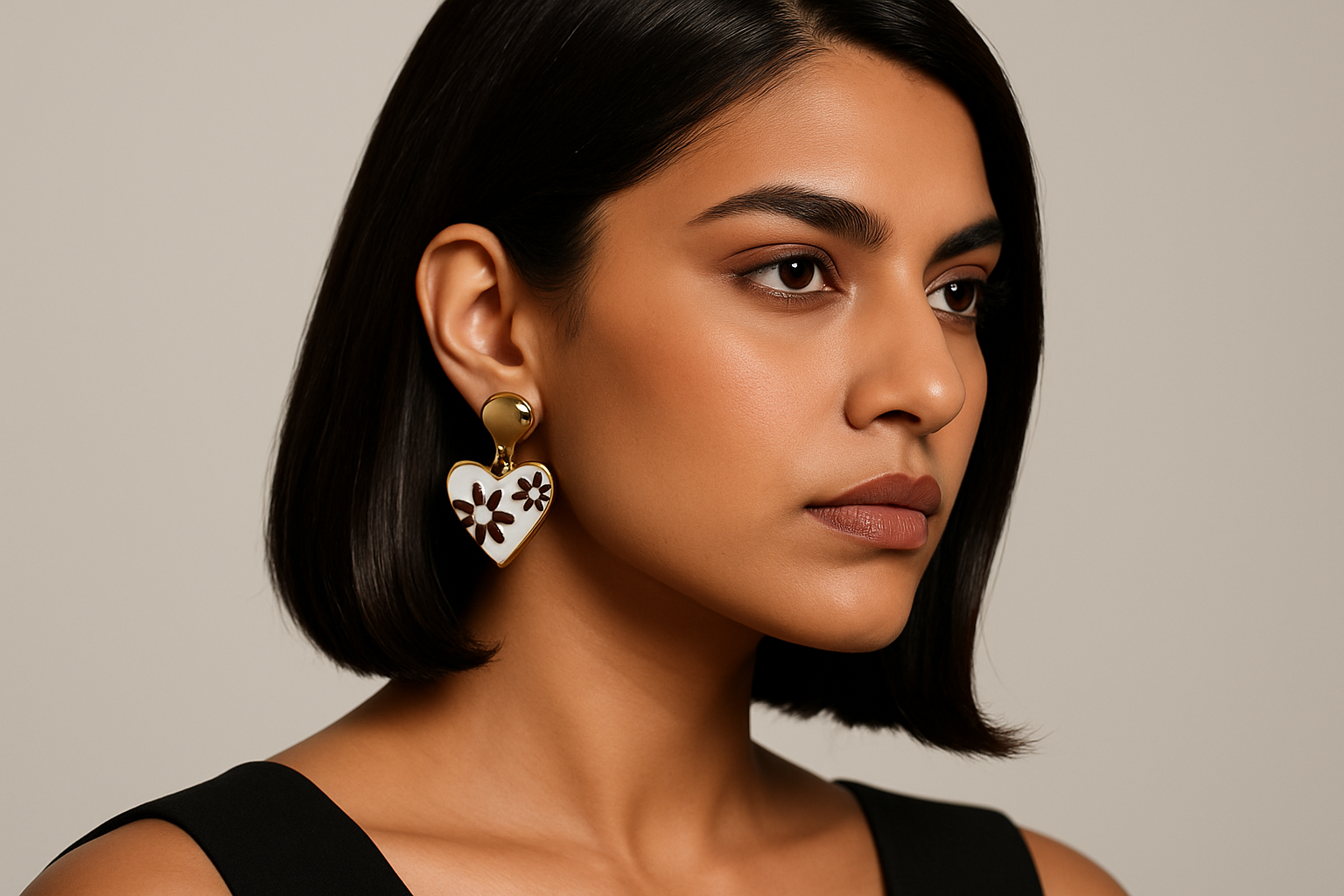 High-quality portrait of a stylish Indian female model wearing heart-shaped earrings with floral cutout designs, featuring wheatish skin tone, shoulder-length straight hair with sleek side part, bold confident expression, minimal nude makeup, and professional studio lighting against a neutral background