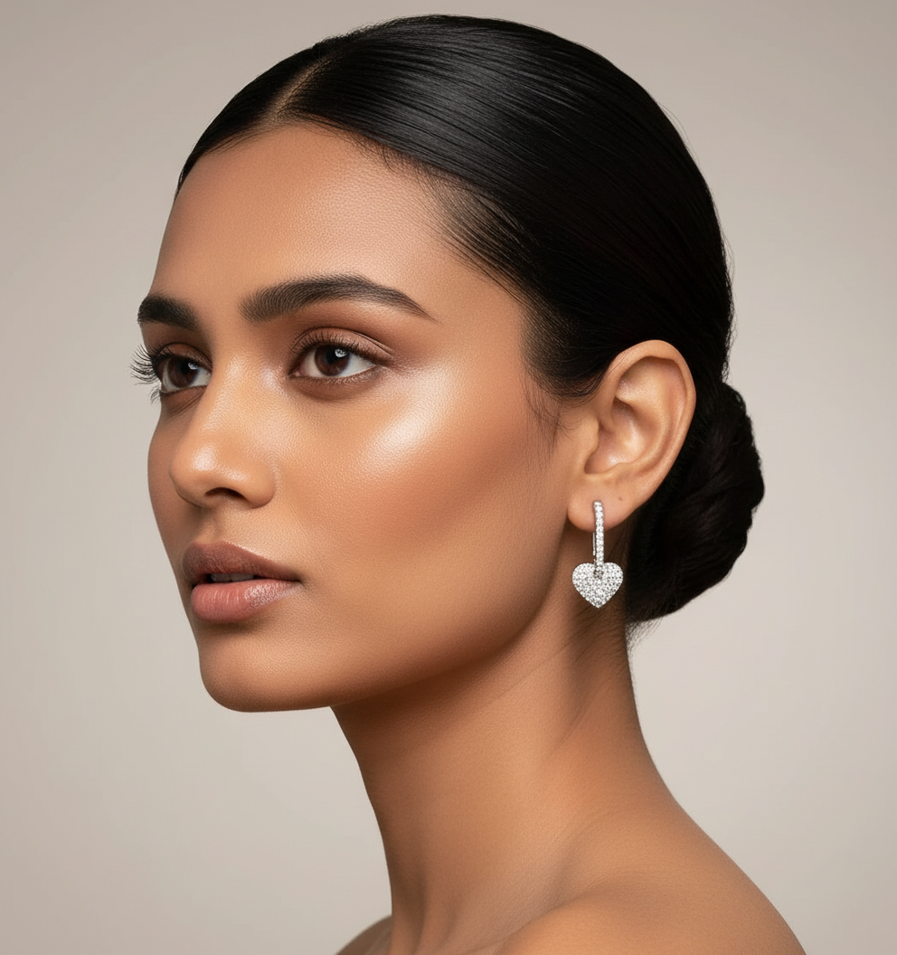 Indian model wearing delicate 2cm crystal heart drop earrings in jewelry photography