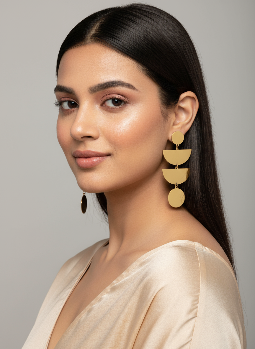 Indian model wearing gold geometric earrings