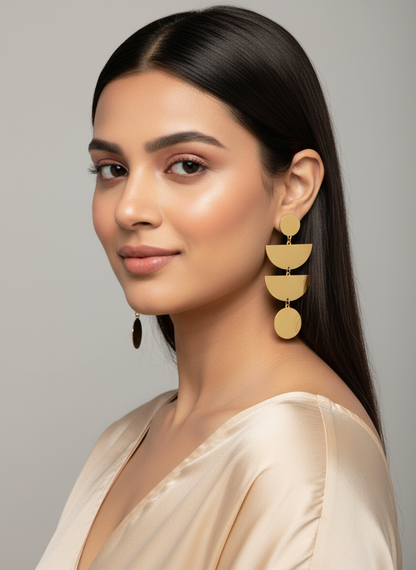 Indian model wearing gold geometric earrings