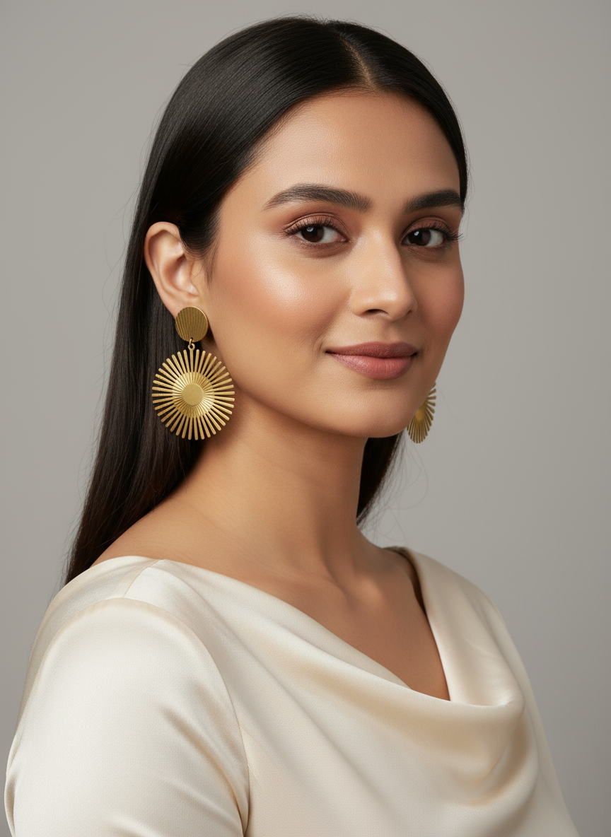 Indian model wearing gold sunburst earrings