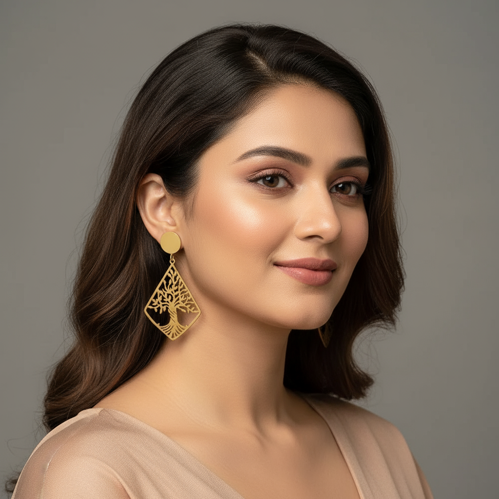 Indian model wearing gold Tree of Life earrings