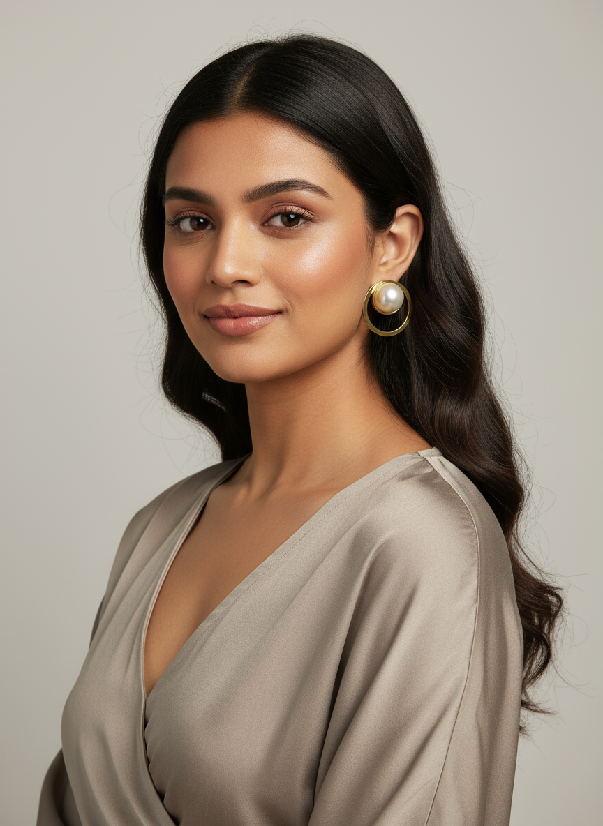 Indian model wearing pearl circle earrings