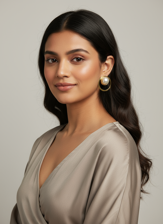 Indian model wearing pearl circle earrings