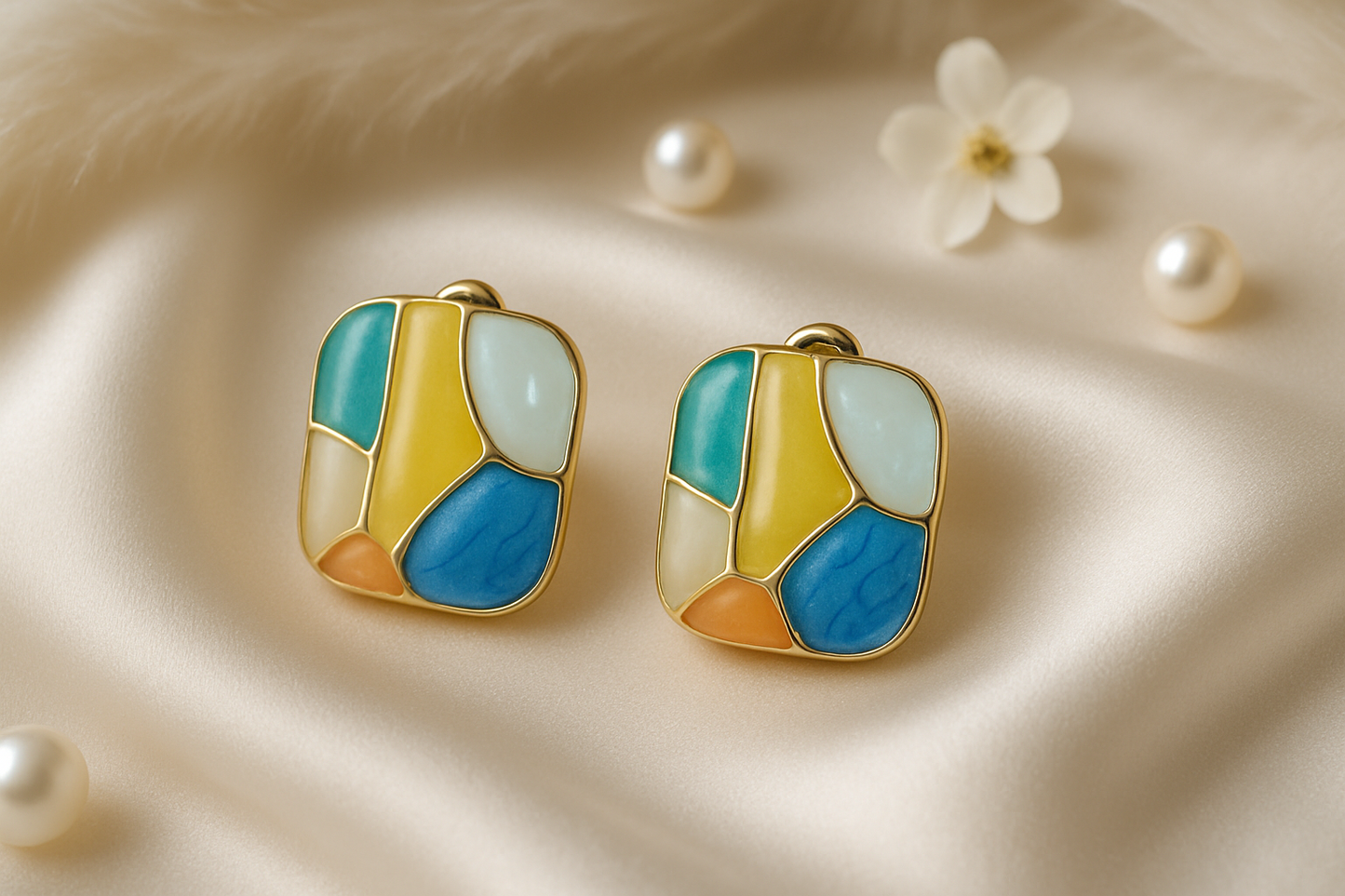 Luxurious product shot of colorful enamel square stud earrings on soft furry satin white cloth